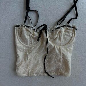 Cream Lace Bustier Top with Black Ribbon Straps